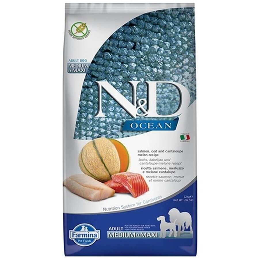 Hrana Pentru Câini Farmina N&D Ocean Dog Salmon Cod Cantaloupe Melon Adult Medium&Maxi 12kg