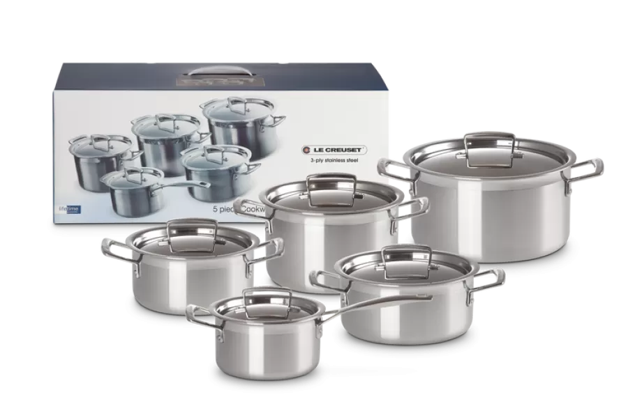 Set Oale și Cratite Le Creuset Cookware Oțel Inoxidabil 3 Straturi 5 Piese cu Capac Argintiu