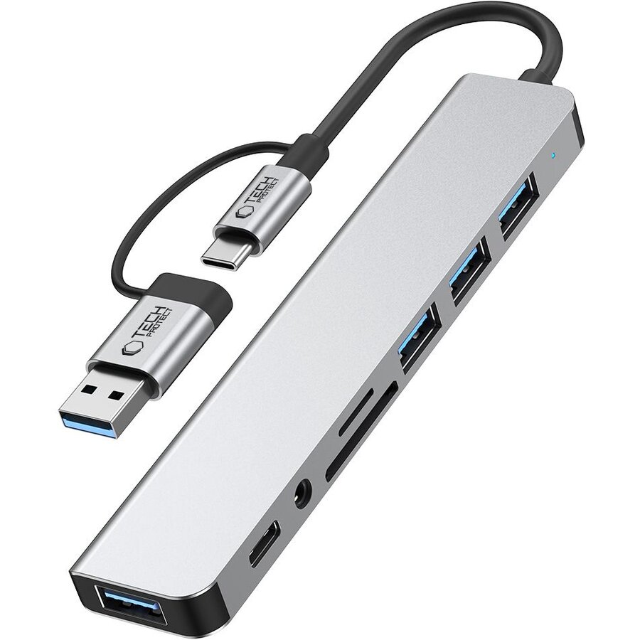 Cablu de date HB06, USB/USB-C - 2x USB 2.0, 2x USB 3.0, 1x USB-C, 1x Mini Jack 3.5mm, 1x MicroSD, 1x SD, Gri