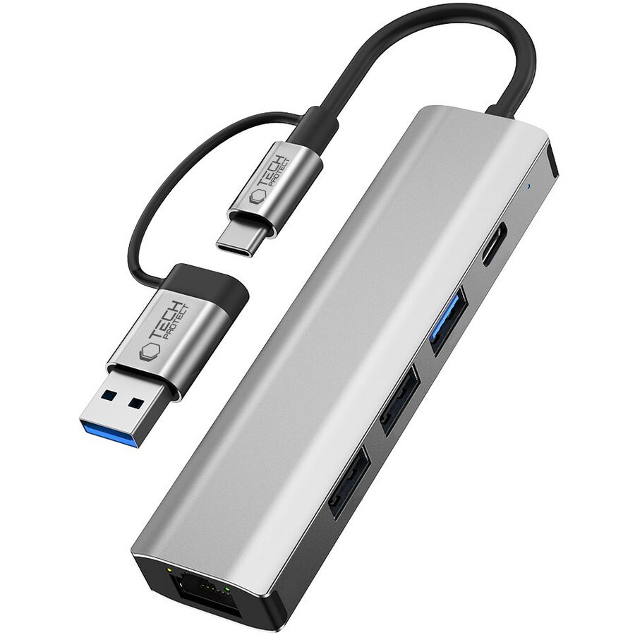 Cablu de date HB03, USB/USB-C - 2x USB 2.0, 1x USB 3.0, 1x USB-C, 1x RJ45, Gri