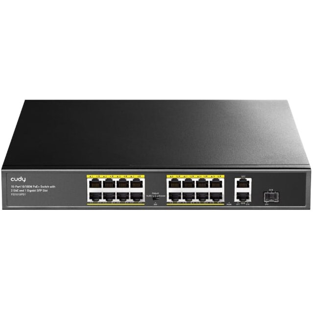 Switch FS1018PS1 16x 10/100Mbps PoE+ 2x RJ-45 Uplink 1x SFP Max 200W Gri