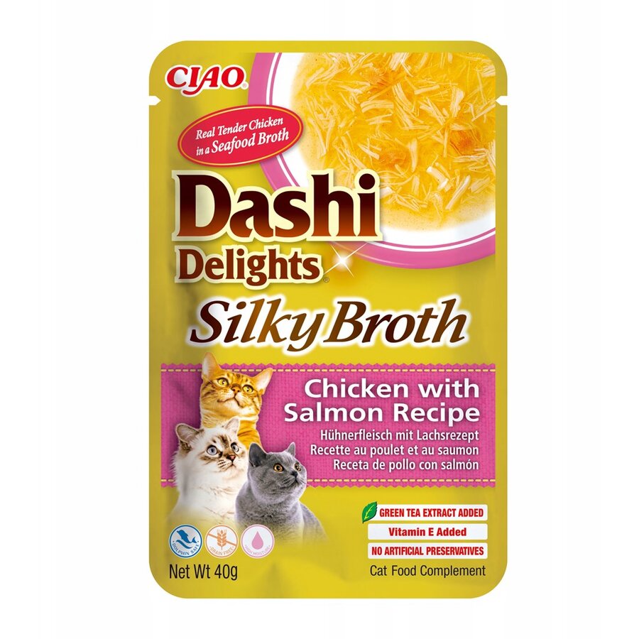 Recompense Pentru Pisici INABA Dashi Delights Silky Broth Rețeta De Pui Cu Somon Adult 40g