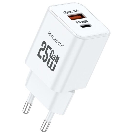 Incarcator Rețea Lemontti GaN Dual Port 1x Type-C și 1x USB-A 25W EU Plug Alb