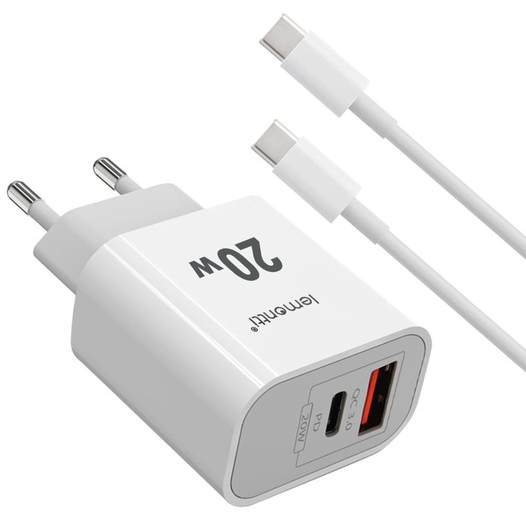Incarcator Rețea Lemontti Fast Charge 20W 1 x PD Type-C + 1 x USB-A Quick Charge 3.0 și Cablu Type-C - Type-C 20W 1M Alb