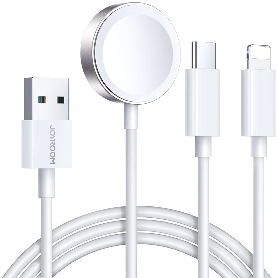 Cablu de date S-IW008 3 in 1, USB la USB-C/Lightning, Incarcator wireless 3.5W Apple Watch integrat, 1.2m, Alb