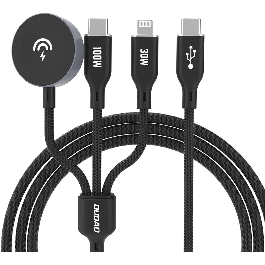 Cablu pentru incarcare si transfer de date Dudao A12 Max Plus 3 in 1, USB-C la USB-C/Lightning, Incarcator wireless 2.5W Apple Watch integrat, 1.2m, Negru - imagine 2