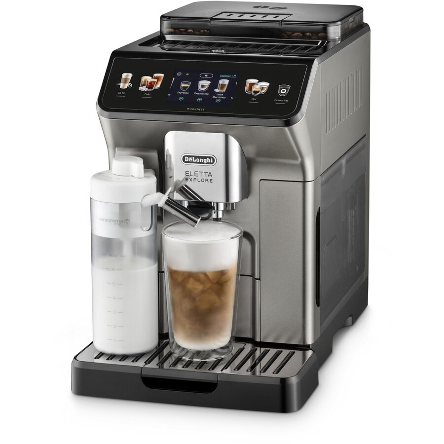 Espressor Automat Delonghi Eletta Explore ECAM450.86.T 1.8L 2 Carafe cu Tehnologie LatteCrema Râșniță cu Tehnologie Bean Adapt Coffee Link App Cană 473ML 19Bar 1450W Gri Titan — imaginea 2
