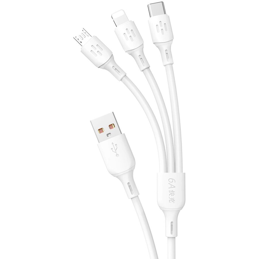 Cablu pentru incarcare si transfer de date Dudao L8A 3 in 1, USB la USB-C/Lightning/Micro-USB, 6A, 1.2m, Alb - imagine 2