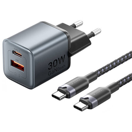 Incarcator GaN USB-C+A 30W + USB-C-C 1m Gri