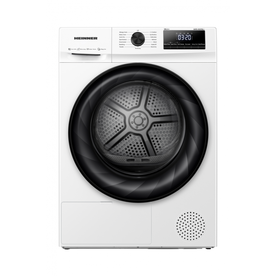 Uscator de Rufe cu Pompa de Caldura HHPD-H90FRA++ Capacitate 9KG 15 Programe Display LED Allergy Care Lumina Cuva Clasa A++ Alb