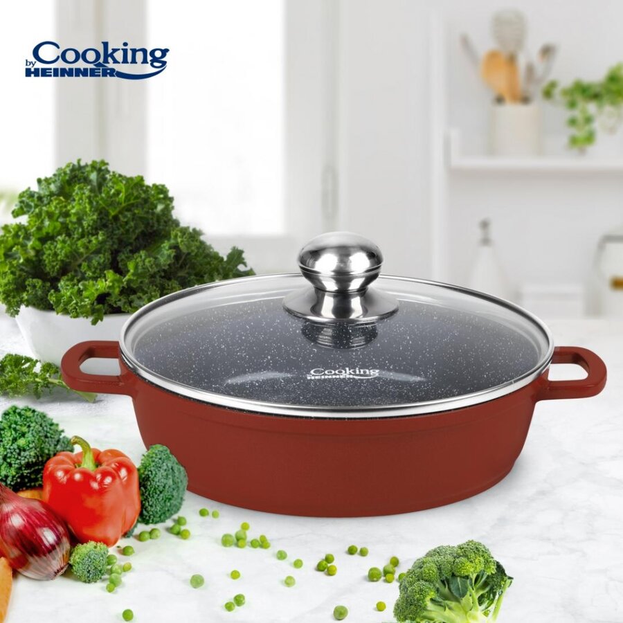 Cratita Aluminiu Calabria 24x6.5CM 2.6L Invelis Ceramic Capac Sticla Termorezistent Rosu