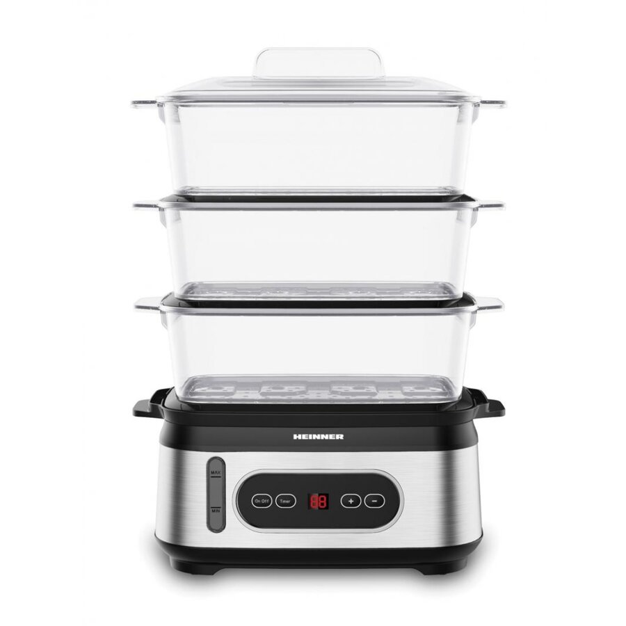 Aparat de Gatit cu Aburi OneSteam HSA-D950SS Capacitate Totala Gatire 9L 3 Vase Temporizator Display LED Putere Maxima 950W Argintiu/Negru