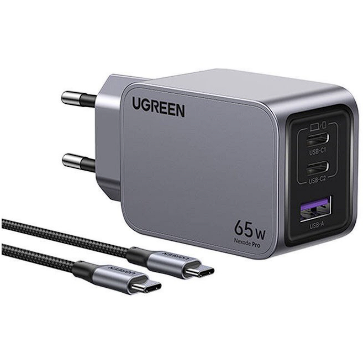 Incarcator Retea cNexode Pro 65W Fast Charger  EU 2x USB-C 1x USB-A + Cablu USB-C Gri