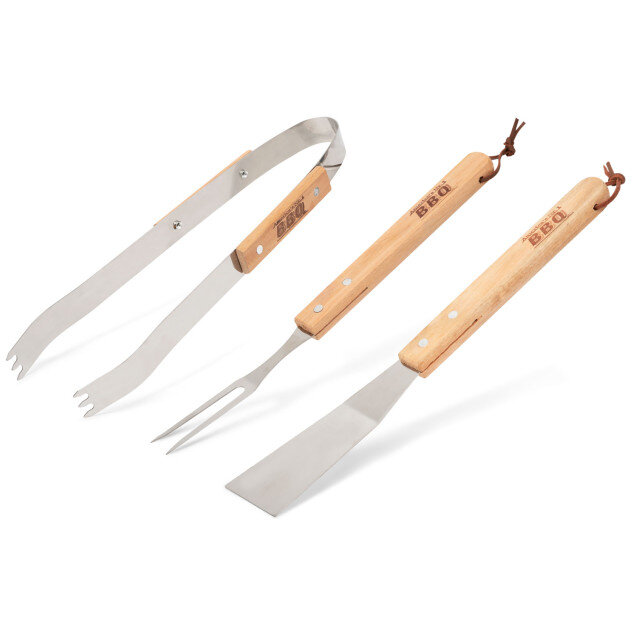 Set Ustensile Grill 56304 cu Maner de Lemn 3 Piese Argintiu/Maro