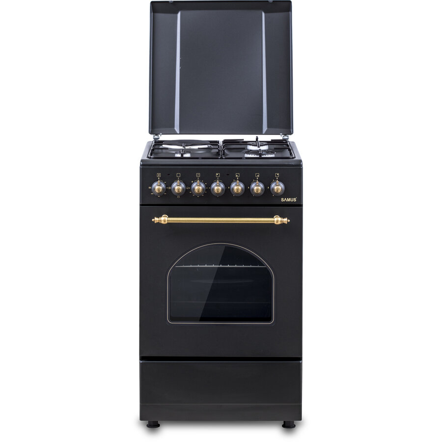 Aragaz SR550EL3B1 Design Rustic 3 Arzatoare pe Gaz + 1 Arzator Electric Cuptor Electric 48L Timer Mecanic 50CM Negru