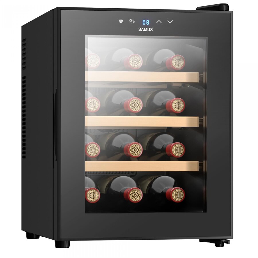 Racitor de Vinuri SRV37LM12 33L 12 Sticle 3 Rafturi Lemn Iluminare LED Afisaj Electronic Negru
