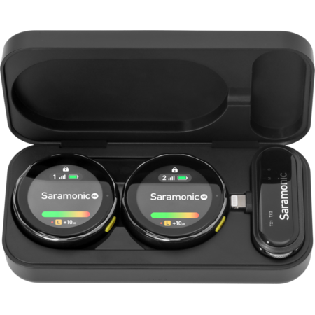 Kit 2 Microfoane Digitale Wireless Saramonic BlinkMe U2 x22.4 GHz Ecran Tactil Carcasa de Incarcare 3000mAh Negru