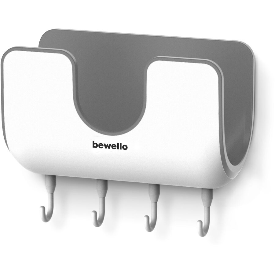 Suport de Perete Multifunctional BW3008 cu 4 Carlige Fixare cu Banda Autoadeziva Alb/Gri