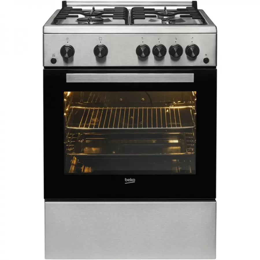 Aragaz Beko FBGT62110DXO 4 Arzatoare pe Gaz Aprindere Electrica Plita și Cuptor Grill Rotisor Iluminare Cuptor Timer Mecanic Inox