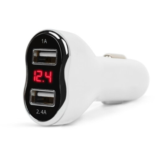 Incarcator Pentru Bricheta Auto Telefon 2 x USB Cu Voltmetru  Alb