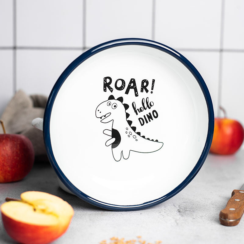 Farfurie Adâncă Metalac Dino 0.75L Diametru 18CM Metal Emailat Alb/Albastru — imaginea 2