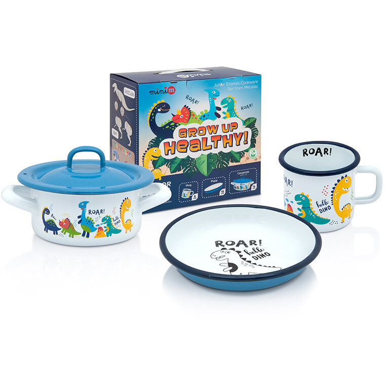 Set Junior Dino din Metal Emailat Cratita Mica + Farfurie + Cana Alb/Albastru