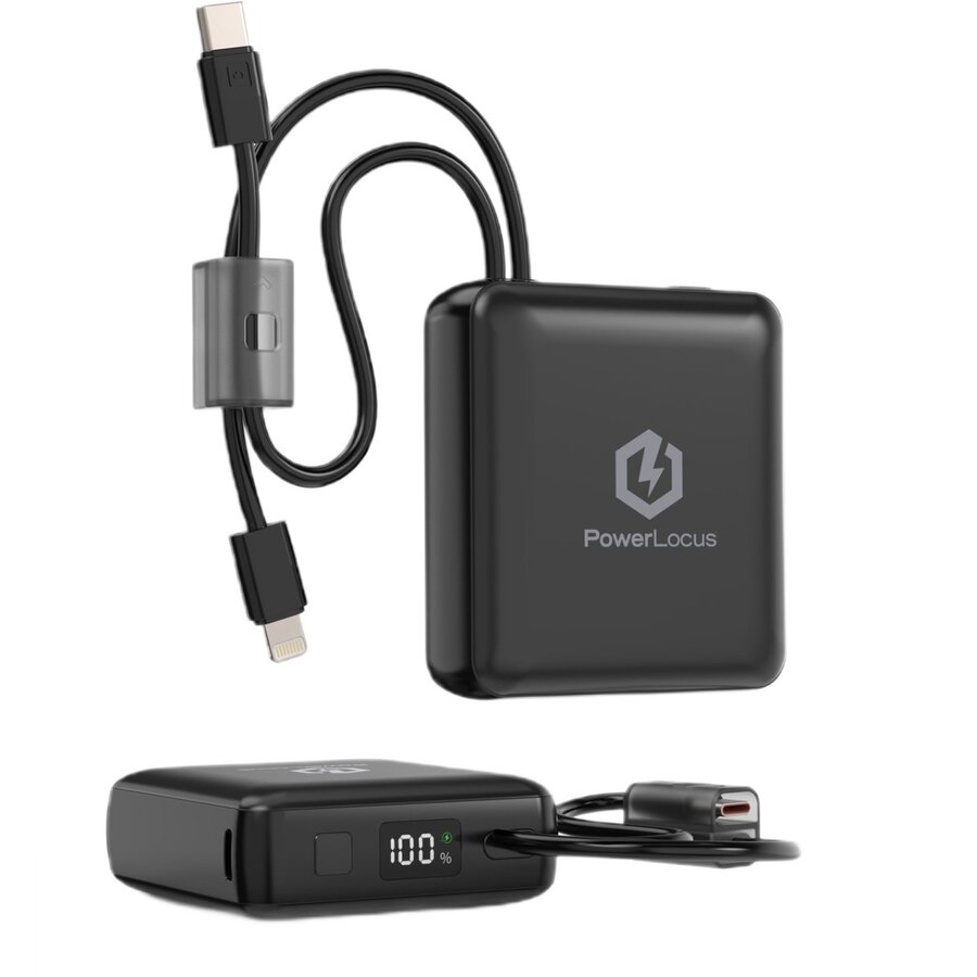 Acumulator Extern 10000mAh 20W PD Fast Charging Cabluri Incorporate Type-C Si Lightning Negru