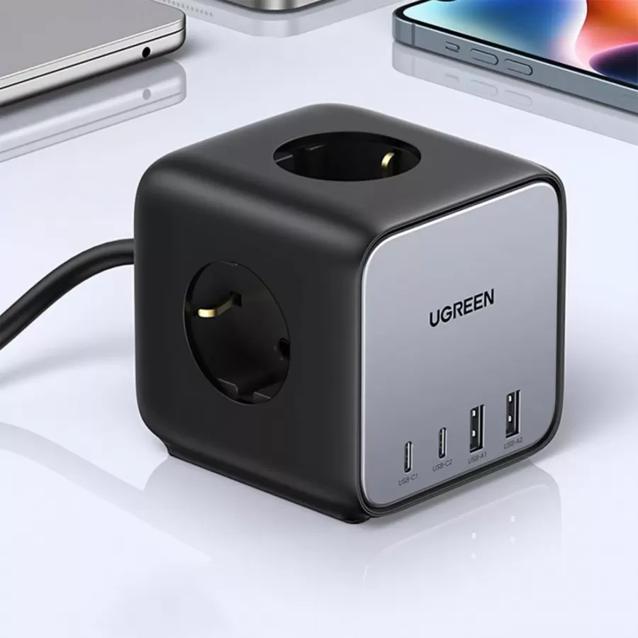 Incarcator Rețea Ugreen Prelungitor Smart Nexode DigiNest Cube 3x 3680 W AC Schuko 2x USB-C 2x USB-A Gri