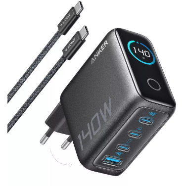 Incarcator Retea 140W Digital Display 3x USB-C 1x USB-A PD 3.1 Cablu USB-C Inclus Negru