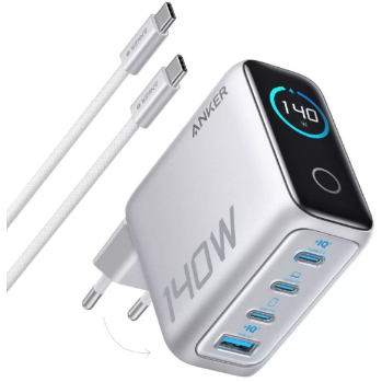 Incarcator Retea Zolo 140W  Digital Display  3x USB-C  1x USB-A  PD 3.1  Cablu USB-C Inclus    Argintiu