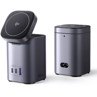 Statie Incarcare Nexode 65W GaN 15W Qi2 Wireless Stand 1x USB-A 2x USB-C Gri