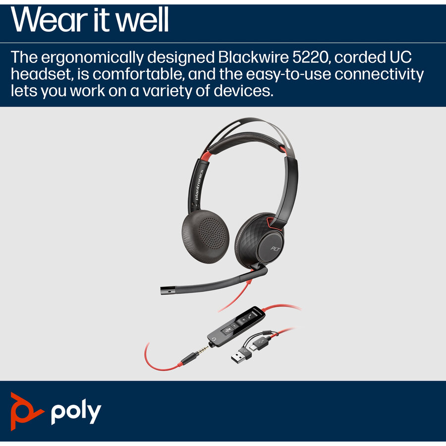 Casti Office/Call Center HP Poly Blackwire 5220 Stereo USB-C Headset +3.5mm Plug +USB-C/A Adapter - imagine 2