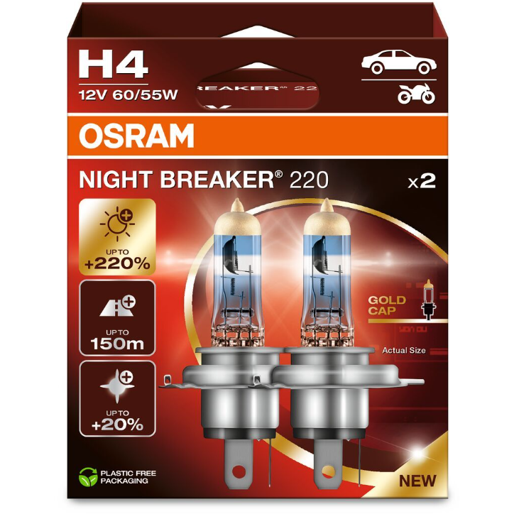 Bec Osram H4 Night Breaker 220 12V 60/55W +220% Lumina x2 buc.
