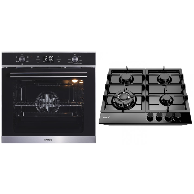Pachet Incorporabil Cuptor Electric Samus SC625GDX5 75L 2000W + Plita Incorporabila PSG-64SMB1 4 Arzatoare pe Gaz Negru