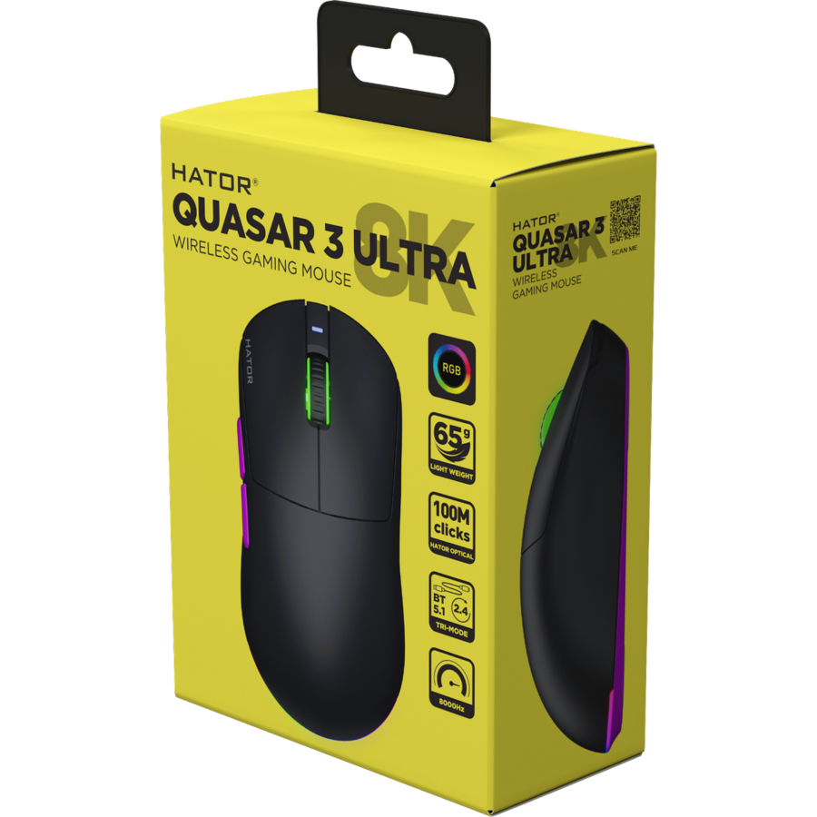 Mouse Gaming Hator Quasar 3 ULTRA 8K Wireless 2.4GHz / Bluetooth / USB 30000DPI RGB Negru/Violet — imaginea 6