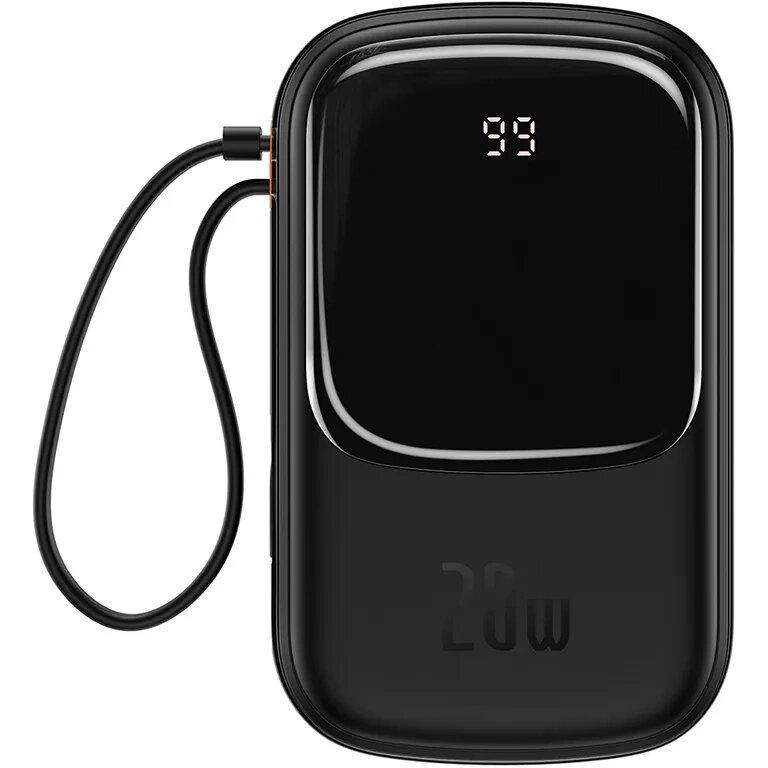 Acumulator extern Qpow PRO, 20000mAh, 20W, USB/USB-C, Cablu Lightning incorporat, Negru