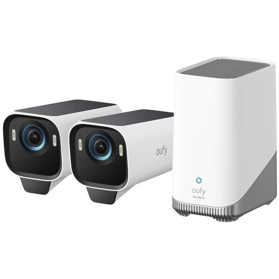 Sistem Supraveghere Video Wireless S3 Pro Format din HomeBase 3 + 2 Camere eufyCam S3 Rezolutie 4K Night Vision cu Panou Solar Incorporat Alb