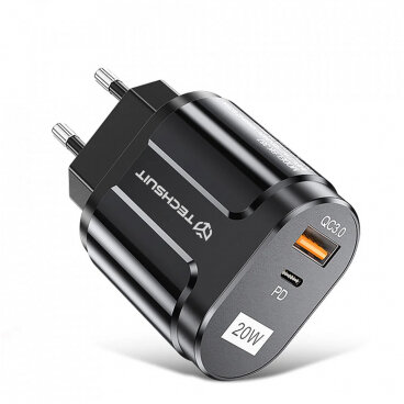 Incarcator Techsuit Rețea Premium 20W 3A 1 x USB-A - 1 x USB-C Negru