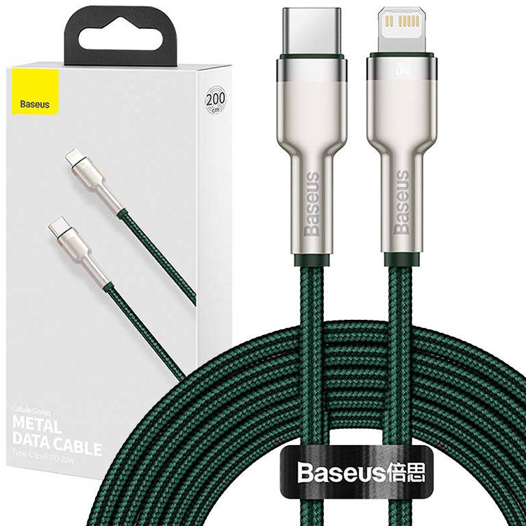 Cablu de date Cafule Metal, USB Type-C/Lightning, Power Delivery 20W, 2m, Verde
