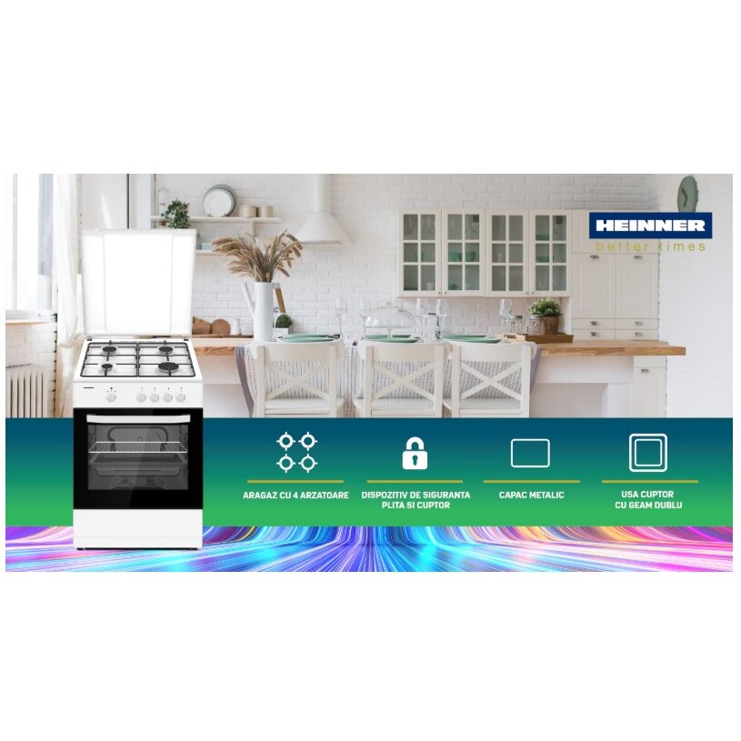Aragaz Heinner HFSC-SME66IWH Gaz 4 Arzatoare Aprindere Electrica Plita Siguranța Alb — imaginea 3