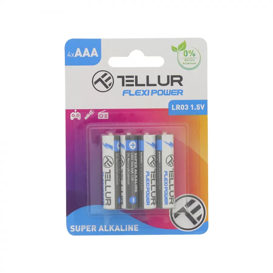 Set 4 Baterii Tellur Flexi Power TLL158551 Super Alcalină AAA LR03 1.5V Alb/Negru