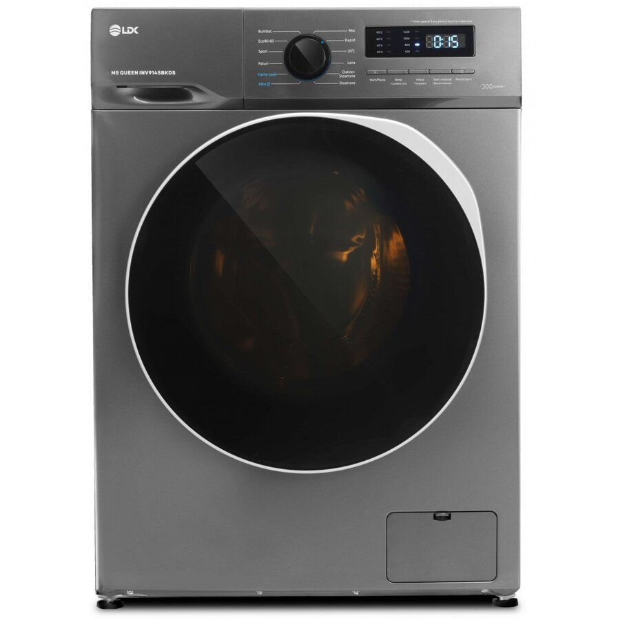 Masina De Spalat Rufe Queen INV914SBKDS Clasa A Capacitate 9Kg 1400Rpm Steam Amanare Pornire DrumClean Motor Inverter Argintiu
