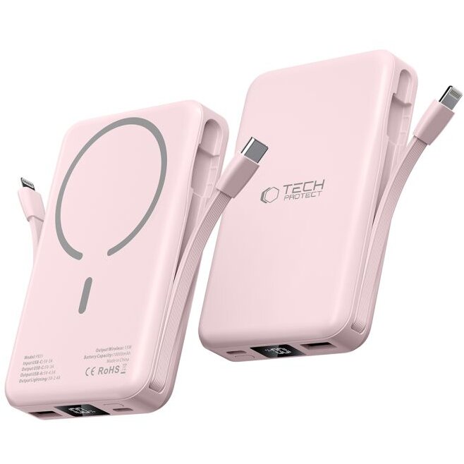Acumulator extern LifeMag PB31 10000 mAh, Compatibila MagSafe, 15W, Cablu USB-C 30cm, Roz