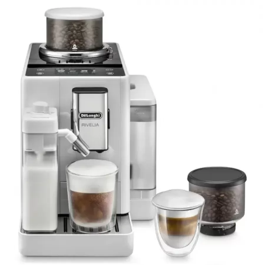 Espressor Automat Delonghi Rivelia EXAM440.55.W Rezervor Apa 1.4L 19 Bari 2 Recipiente pentru Boabe Tehnologie Bean Adapt Carafa de Lapte cu Tehnologie LatteCrema Hot 1450W Alb