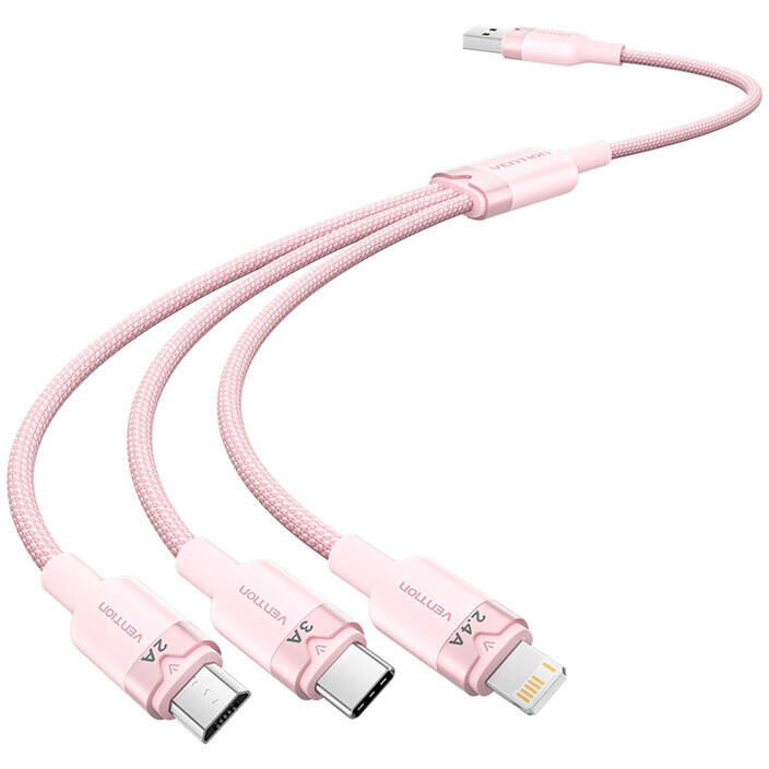 Cablu de date CTPWG, USB la USB-C/Micro-USB/Lightning, 1.5m, Roz