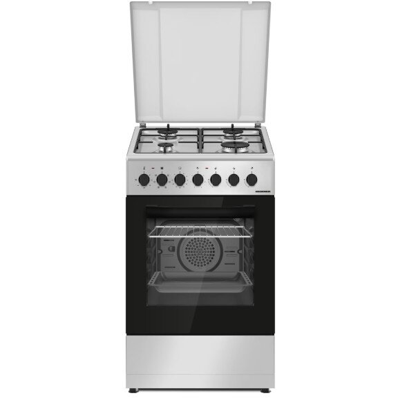 Aragaz HFSC-S60LITGC-SL Mixt 4 Arzatoare Aprindere Electrica Plita Cuptor Electric Clasa A Timer Grill Ventilatie Sertar Inferior Vase 50x60Cm Argintiu