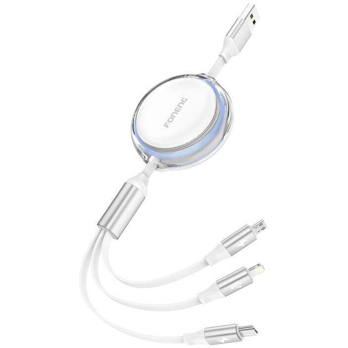 Cablu de date Foneng X113 3in1 USB la USB-C/Lightning/Micro-USB, 3A, 1,1m, Alb - imagine 2