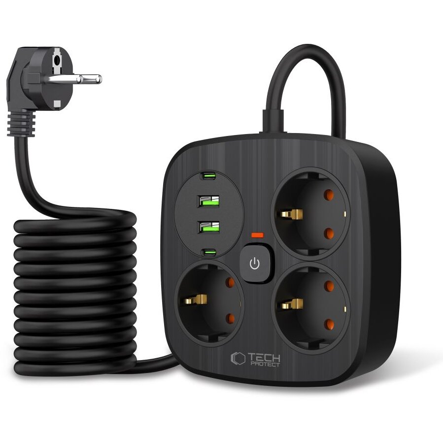 Incarcator PCS3X4, 3x AC, 2x USB, 2x USB-C, Lungime cablu 2m, Negru