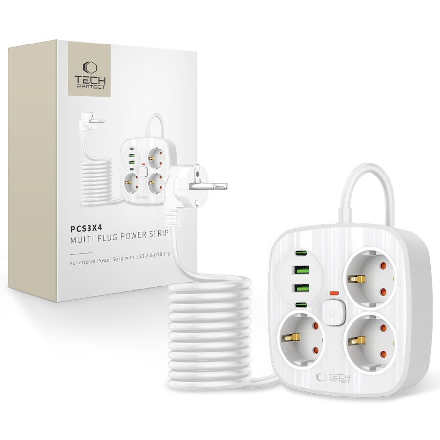 Incarcator PCS3X4 , 3x AC, 2x USB, 2x USB-C, Lungime cablu 2m, Alb