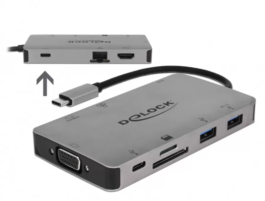 Docking Station Delock USB-C la HDMI 4K / VGA / USB 3.1 / SD / LAN / PD 3.0 Gri
